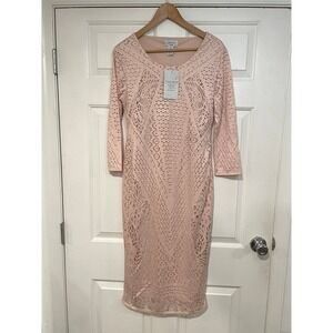 NEW Carmen Marc Valvo Blush Soft Pink Laser Cut‎ Sheath Bodycon Dress Midi M